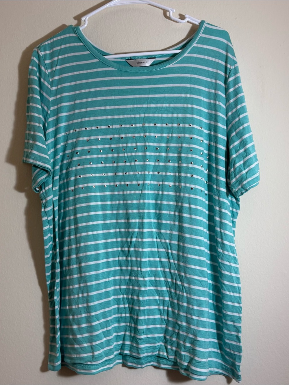 Women’s CJ Banks Mint Green and White Striped Short Sleeve Tee Size 1X